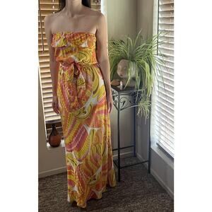Trina Turk Silk Strapless Maxi Dress Sz 4 Retro Yellow Orange Resort Wear